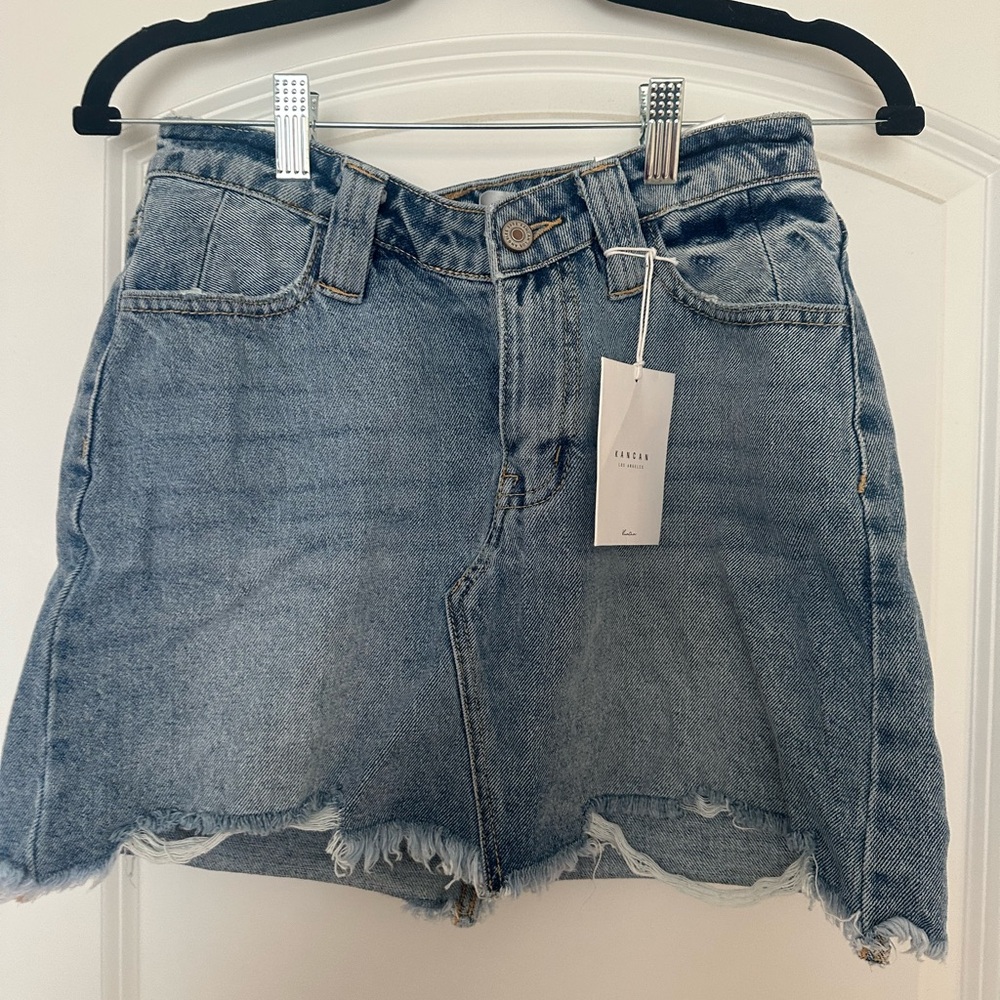 Blue Denim Skirt with Frayed Hem